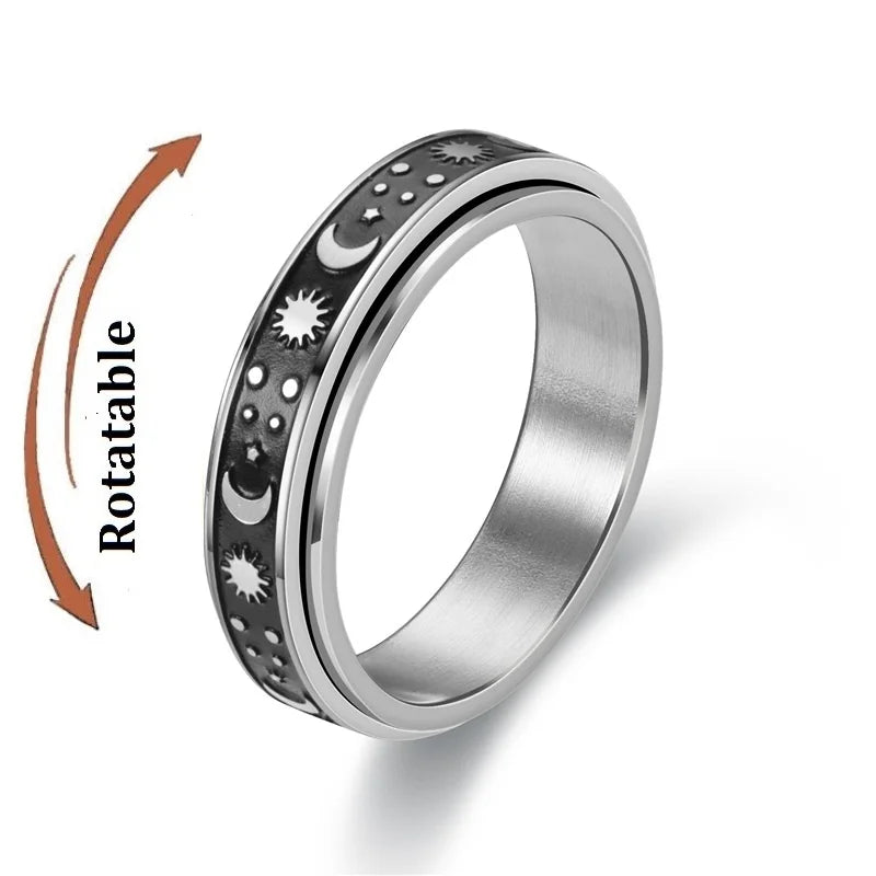 Spinning Anxiety Relaxing Ring With Star And Moon For Women Stainless Steel Rotate Freely Fidget Spinner Rings Bohemia Jewelry
