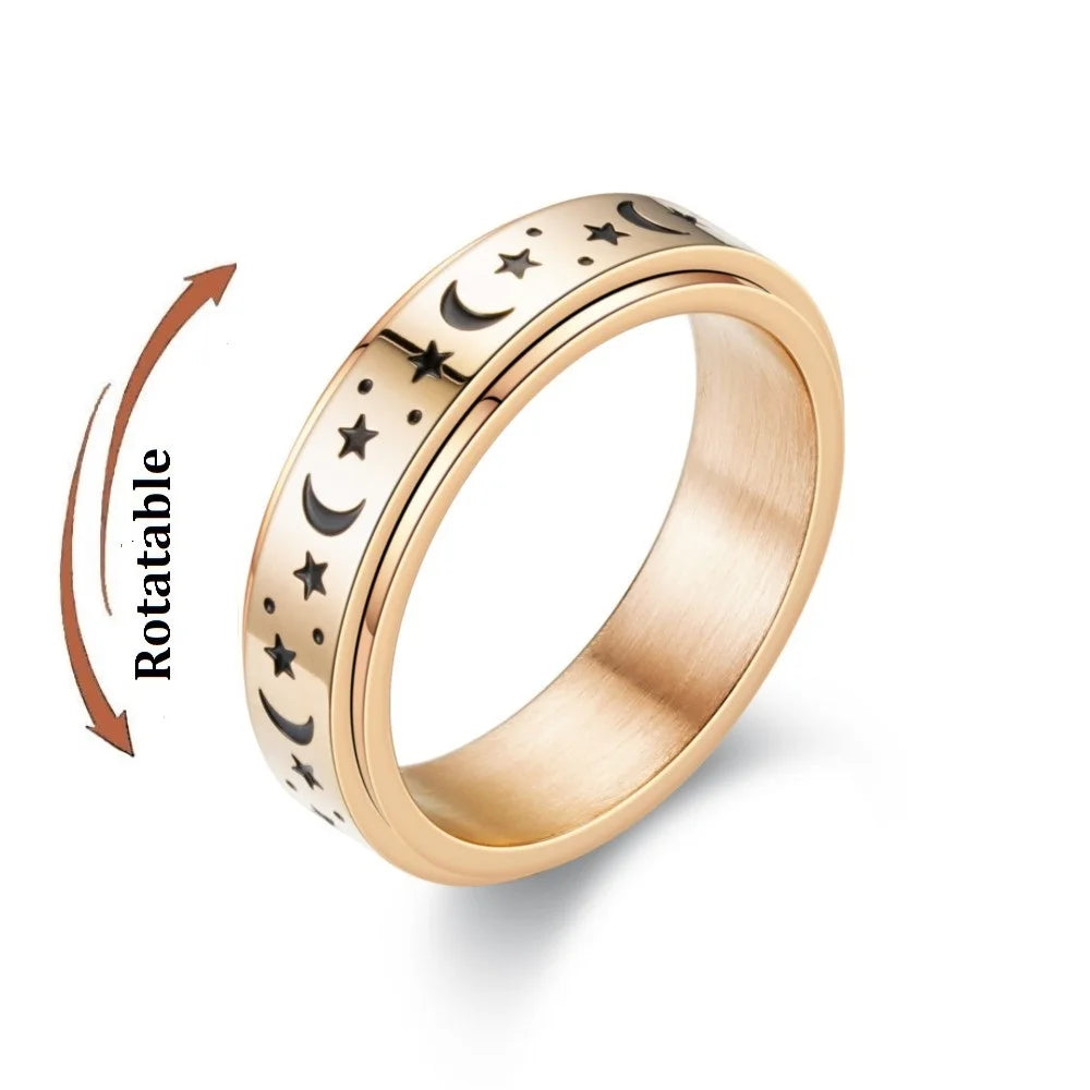 Spinning Anxiety Relaxing Ring With Star And Moon For Women Stainless Steel Rotate Freely Fidget Spinner Rings Bohemia Jewelry