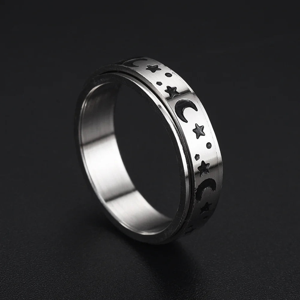 Spinning Anxiety Relaxing Ring With Star And Moon For Women Stainless Steel Rotate Freely Fidget Spinner Rings Bohemia Jewelry
