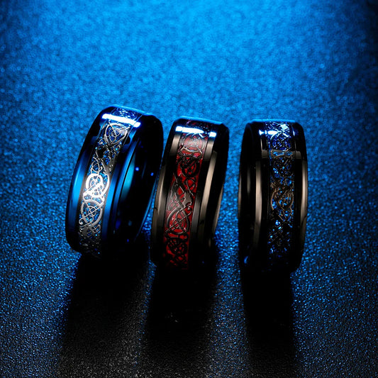 Viking Dragon Black Wedding Band Rings For Men Stainless Steel Inlaid Blue Carbon Fibre Punk Knuckle Ring Jewelry Bague Homme