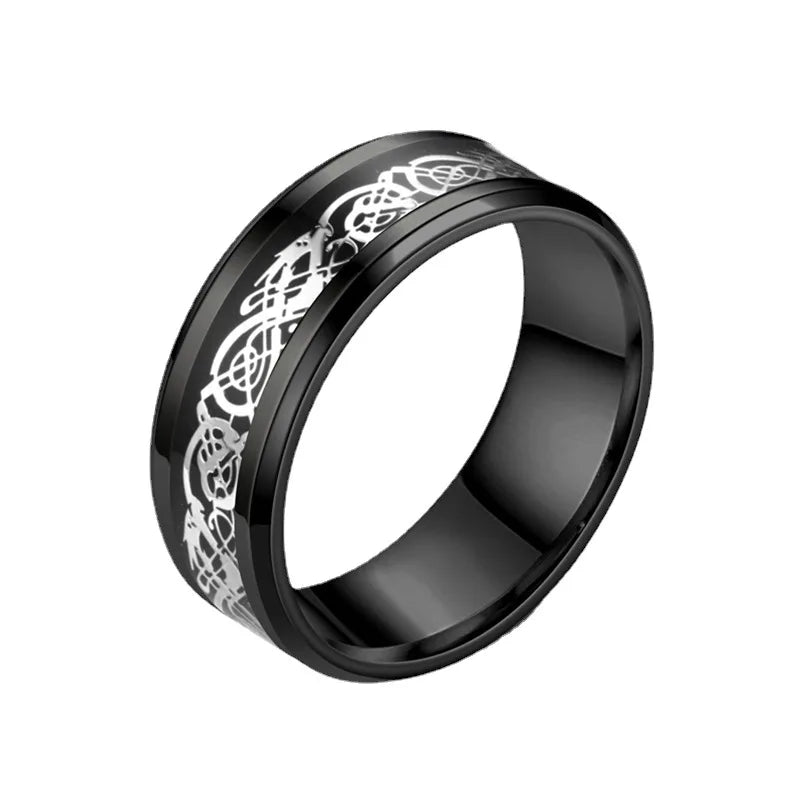 Viking Dragon Black Wedding Band Rings For Men Stainless Steel Inlaid Blue Carbon Fibre Punk Knuckle Ring Jewelry Bague Homme