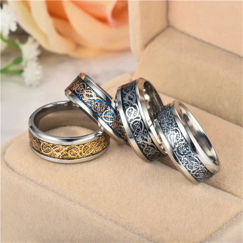 Viking Dragon Black Wedding Band Rings For Men Stainless Steel Inlaid Blue Carbon Fibre Punk Knuckle Ring Jewelry Bague Homme