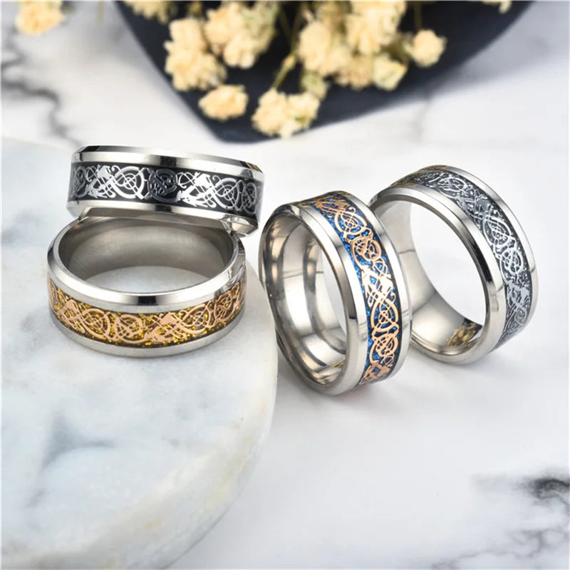 Viking Dragon Black Wedding Band Rings For Men Stainless Steel Inlaid Blue Carbon Fibre Punk Knuckle Ring Jewelry Bague Homme