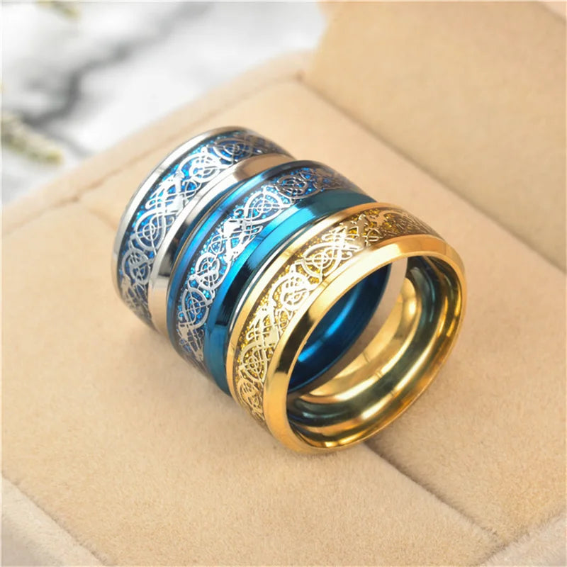 Viking Dragon Black Wedding Band Rings For Men Stainless Steel Inlaid Blue Carbon Fibre Punk Knuckle Ring Jewelry Bague Homme