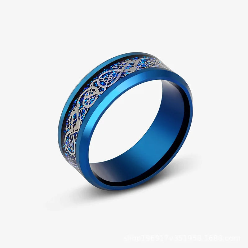 Viking Dragon Black Wedding Band Rings For Men Stainless Steel Inlaid Blue Carbon Fibre Punk Knuckle Ring Jewelry Bague Homme