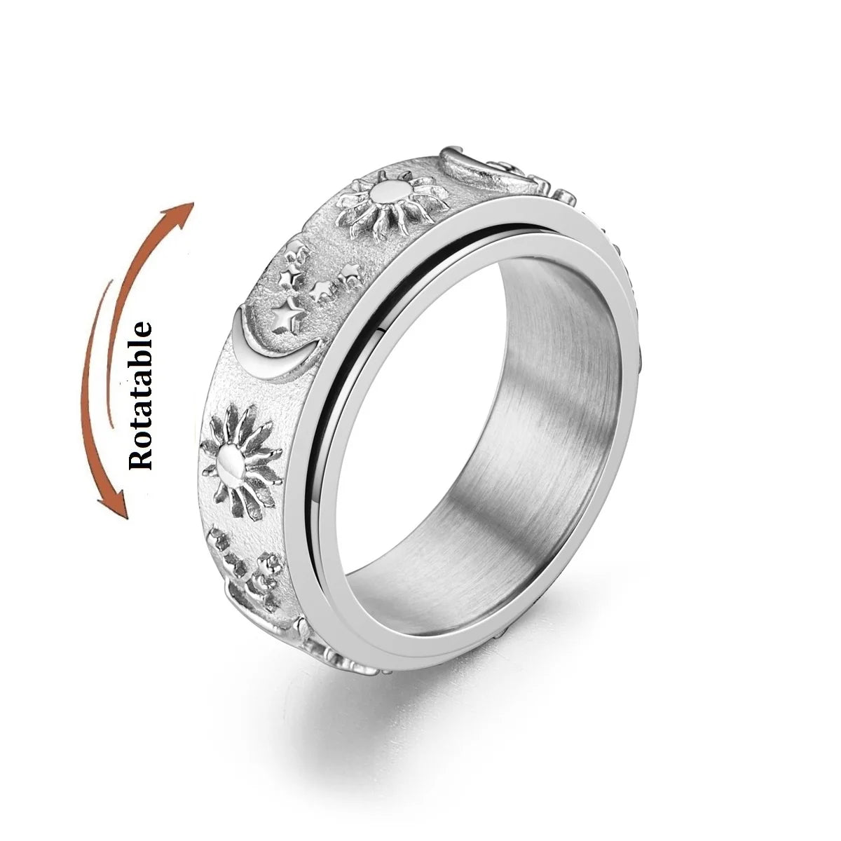 Spinning Anxiety Relaxing Ring With Star And Moon For Women Stainless Steel Rotate Freely Fidget Spinner Rings Bohemia Jewelry