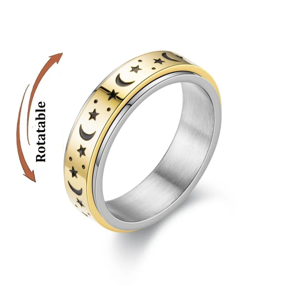 Spinning Anxiety Relaxing Ring With Star And Moon For Women Stainless Steel Rotate Freely Fidget Spinner Rings Bohemia Jewelry