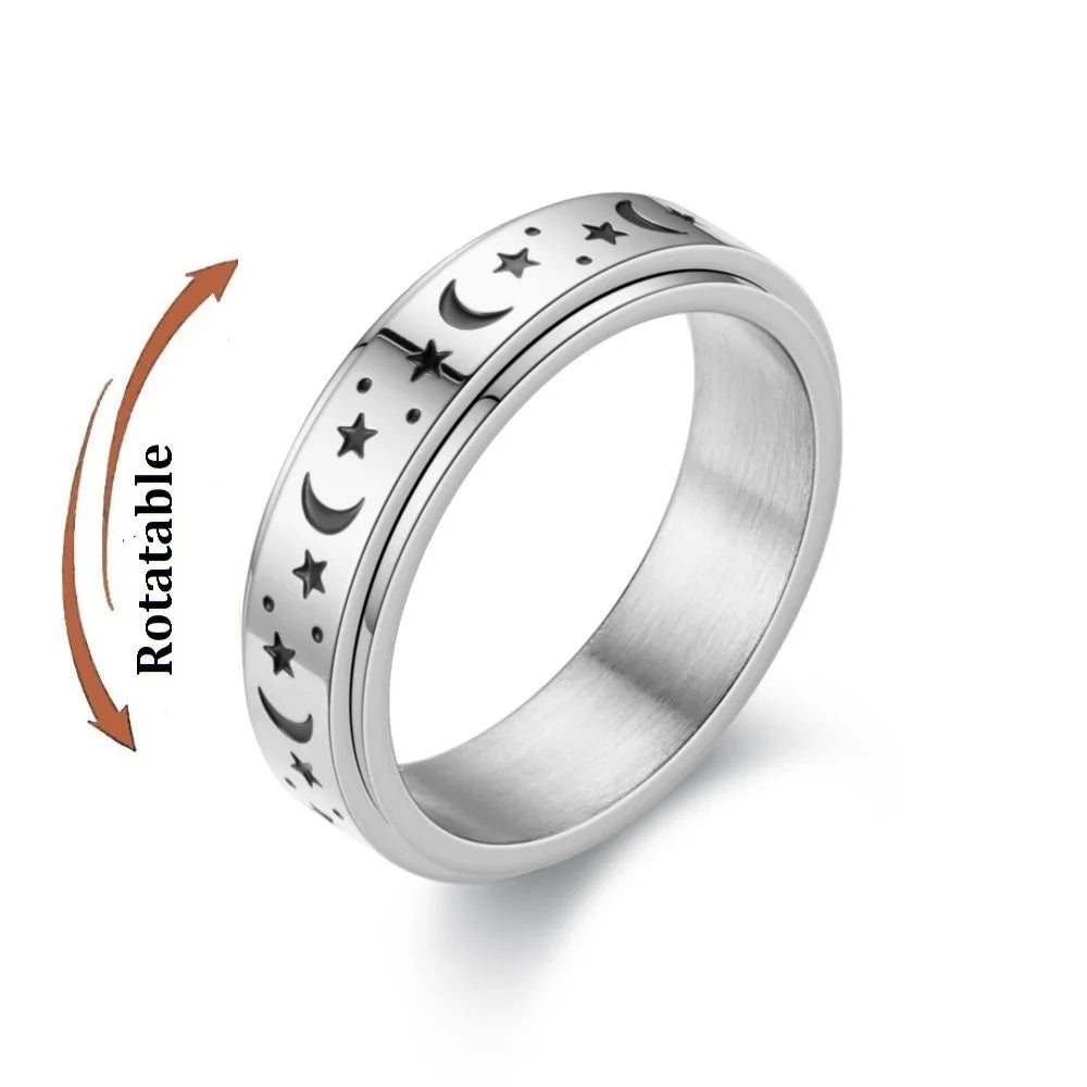 Spinning Anxiety Relaxing Ring With Star And Moon For Women Stainless Steel Rotate Freely Fidget Spinner Rings Bohemia Jewelry