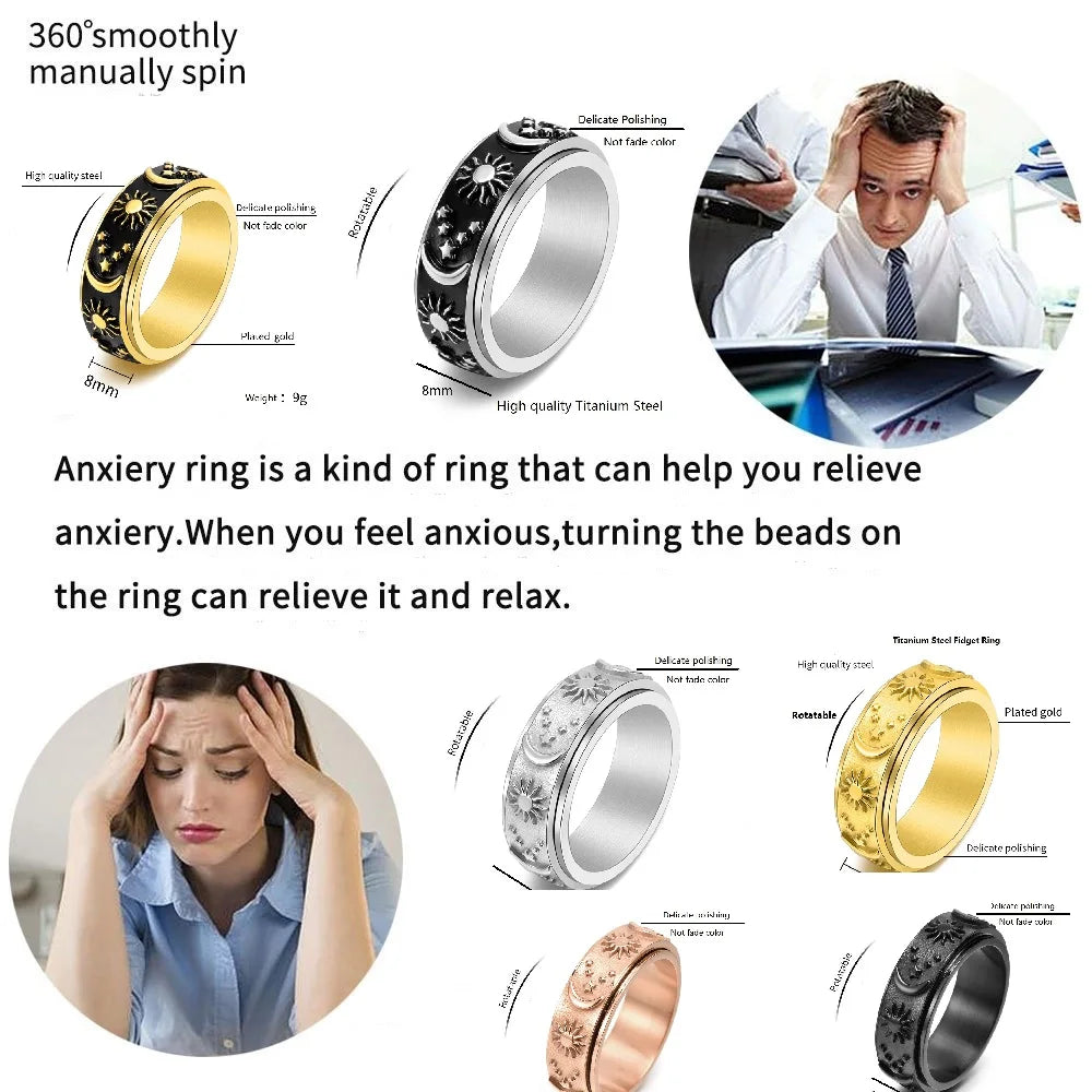 Spinning Anxiety Relaxing Ring With Star And Moon For Women Stainless Steel Rotate Freely Fidget Spinner Rings Bohemia Jewelry