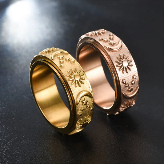 Spinning Anxiety Relaxing Ring With Star And Moon For Women Stainless Steel Rotate Freely Fidget Spinner Rings Bohemia Jewelry