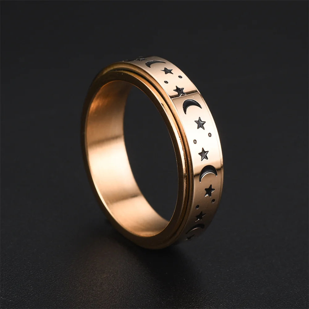 Spinning Anxiety Relaxing Ring With Star And Moon For Women Stainless Steel Rotate Freely Fidget Spinner Rings Bohemia Jewelry
