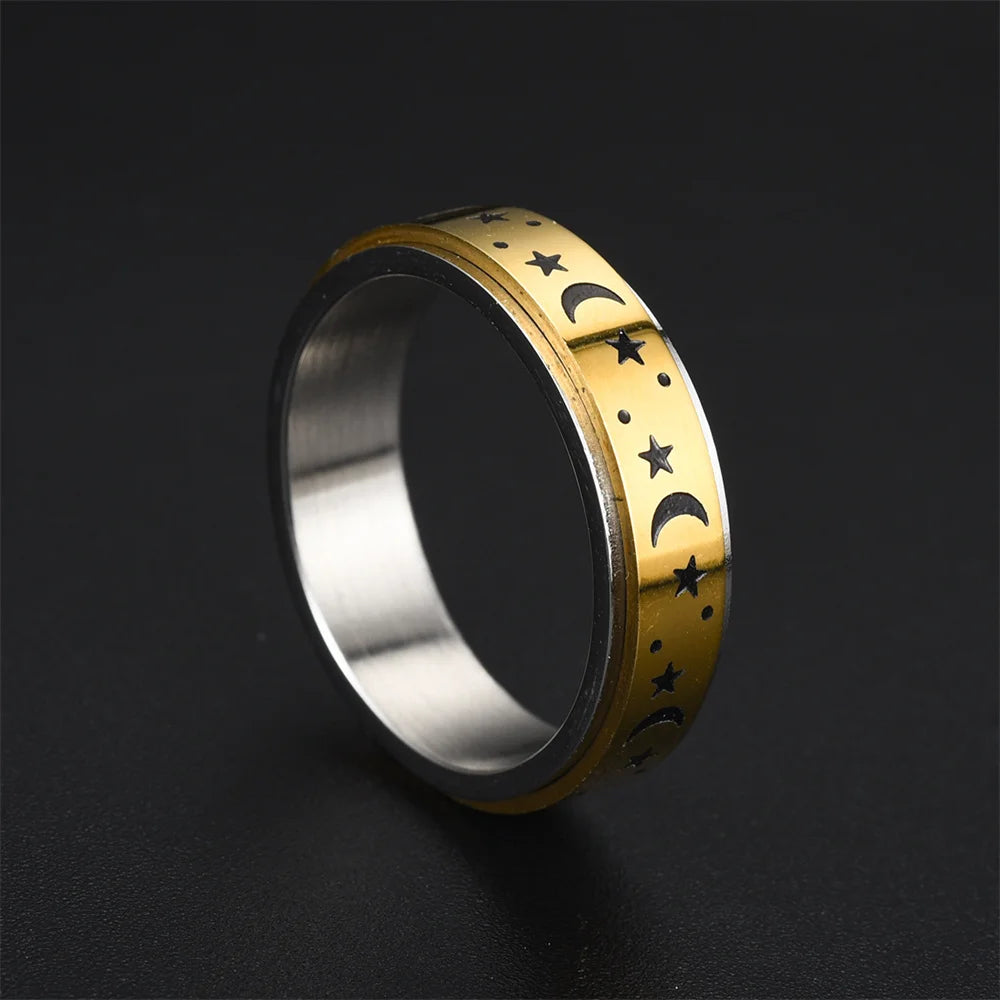 Spinning Anxiety Relaxing Ring With Star And Moon For Women Stainless Steel Rotate Freely Fidget Spinner Rings Bohemia Jewelry