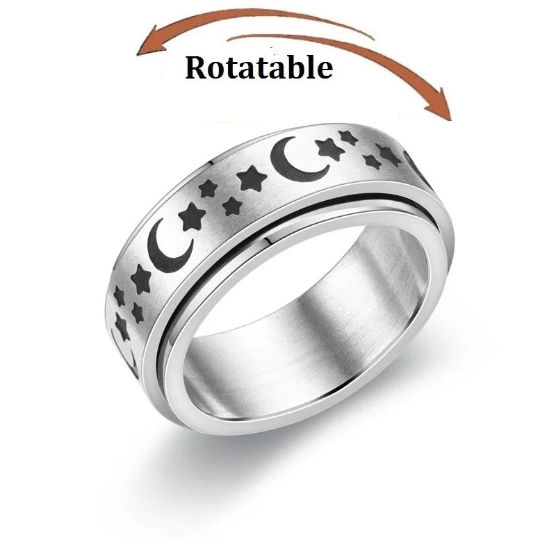 Spinning Anxiety Relaxing Ring With Star And Moon For Women Stainless Steel Rotate Freely Fidget Spinner Rings Bohemia Jewelry