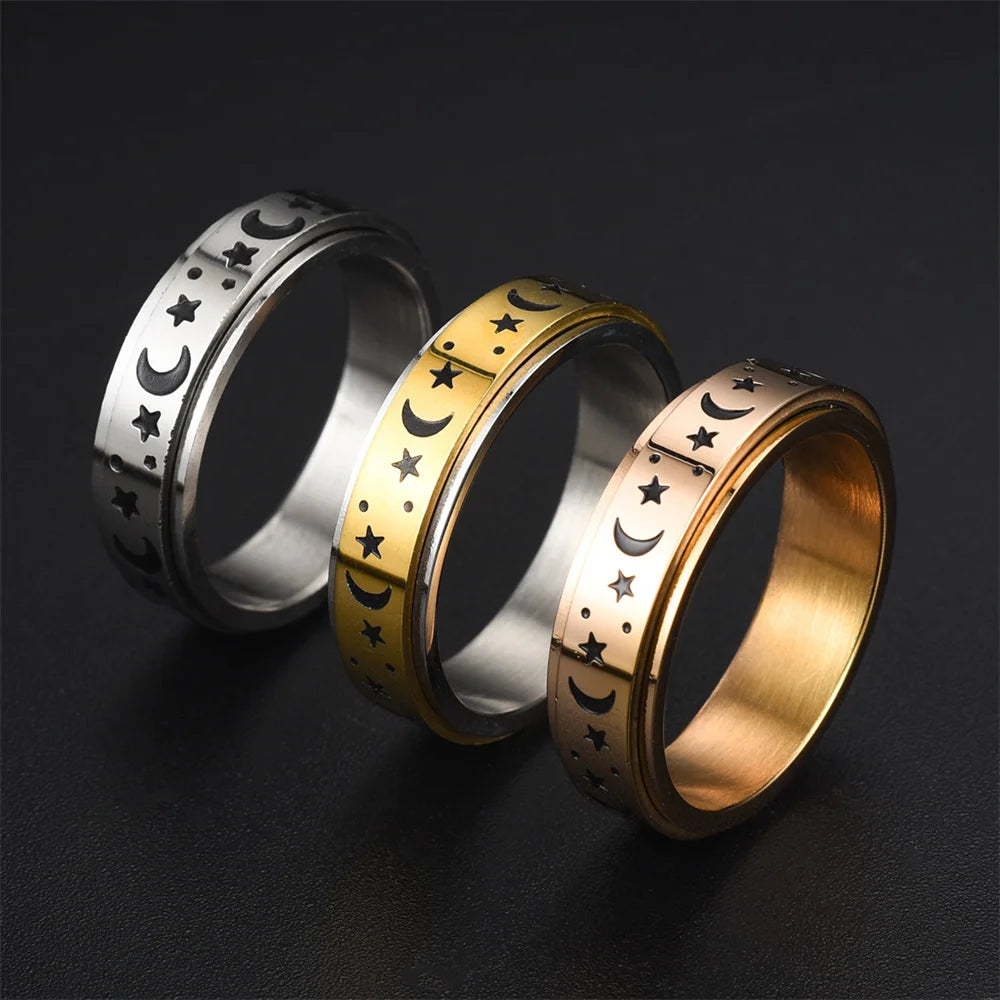 Spinning Anxiety Relaxing Ring With Star And Moon For Women Stainless Steel Rotate Freely Fidget Spinner Rings Bohemia Jewelry