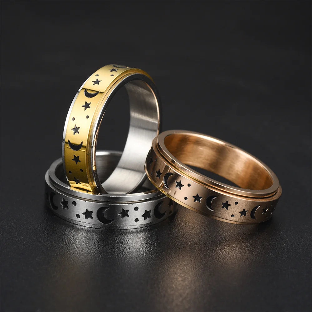 Spinning Anxiety Relaxing Ring With Star And Moon For Women Stainless Steel Rotate Freely Fidget Spinner Rings Bohemia Jewelry