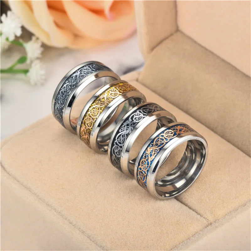 Viking Dragon Black Wedding Band Rings For Men Stainless Steel Inlaid Blue Carbon Fibre Punk Knuckle Ring Jewelry Bague Homme