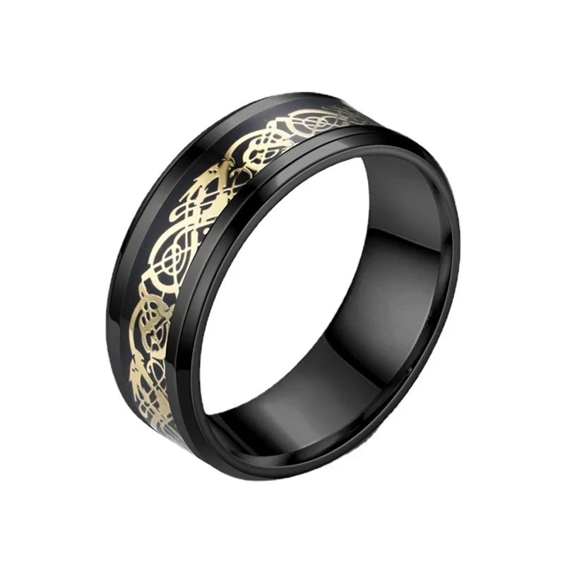 Viking Dragon Black Wedding Band Rings For Men Stainless Steel Inlaid Blue Carbon Fibre Punk Knuckle Ring Jewelry Bague Homme
