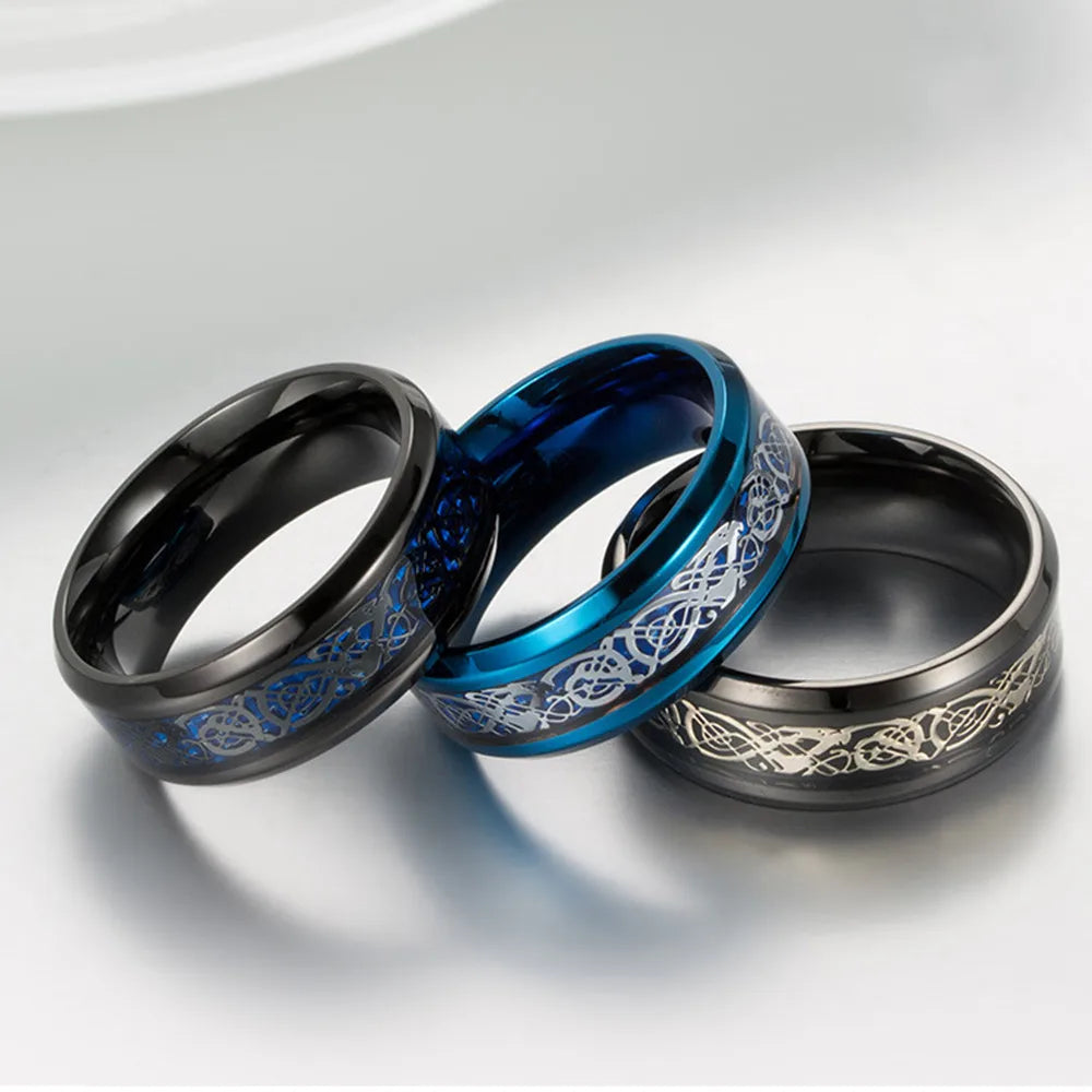 Viking Dragon Black Wedding Band Rings For Men Stainless Steel Inlaid Blue Carbon Fibre Punk Knuckle Ring Jewelry Bague Homme