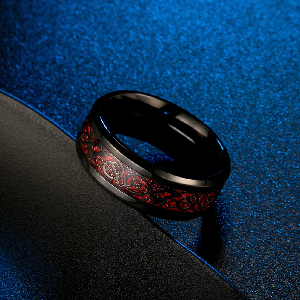 Viking Dragon Black Wedding Band Rings For Men Stainless Steel Inlaid Blue Carbon Fibre Punk Knuckle Ring Jewelry Bague Homme