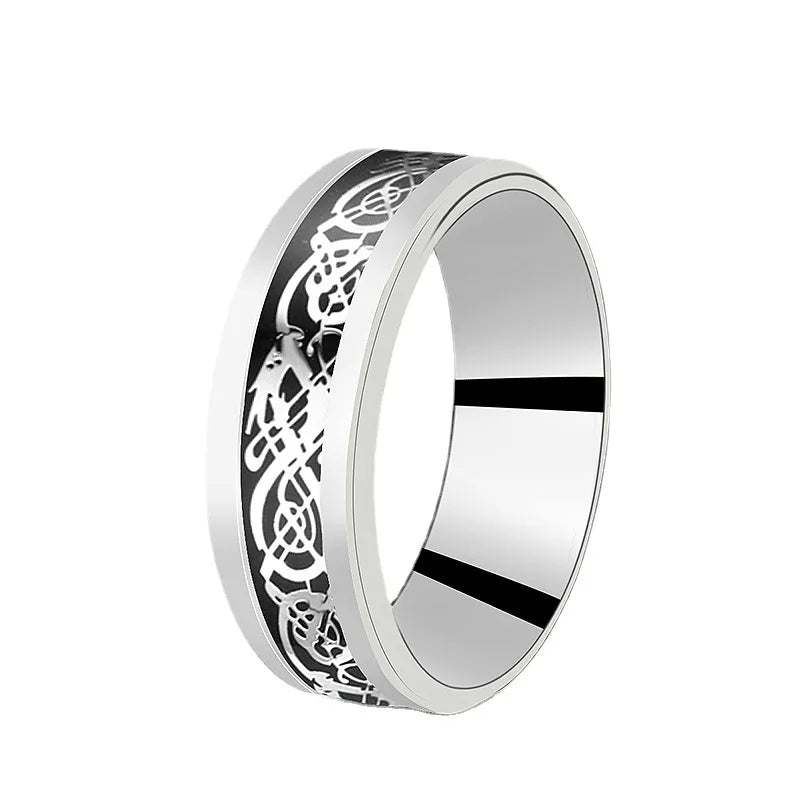 Viking Dragon Black Wedding Band Rings For Men Stainless Steel Inlaid Blue Carbon Fibre Punk Knuckle Ring Jewelry Bague Homme