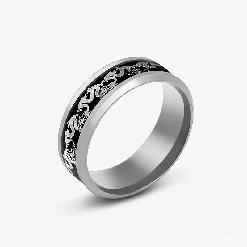 Viking Dragon Black Wedding Band Rings For Men Stainless Steel Inlaid Blue Carbon Fibre Punk Knuckle Ring Jewelry Bague Homme