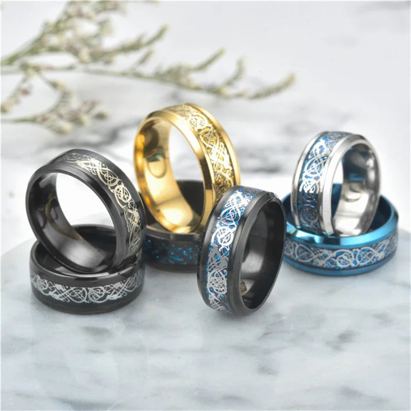 Viking Dragon Black Wedding Band Rings For Men Stainless Steel Inlaid Blue Carbon Fibre Punk Knuckle Ring Jewelry Bague Homme