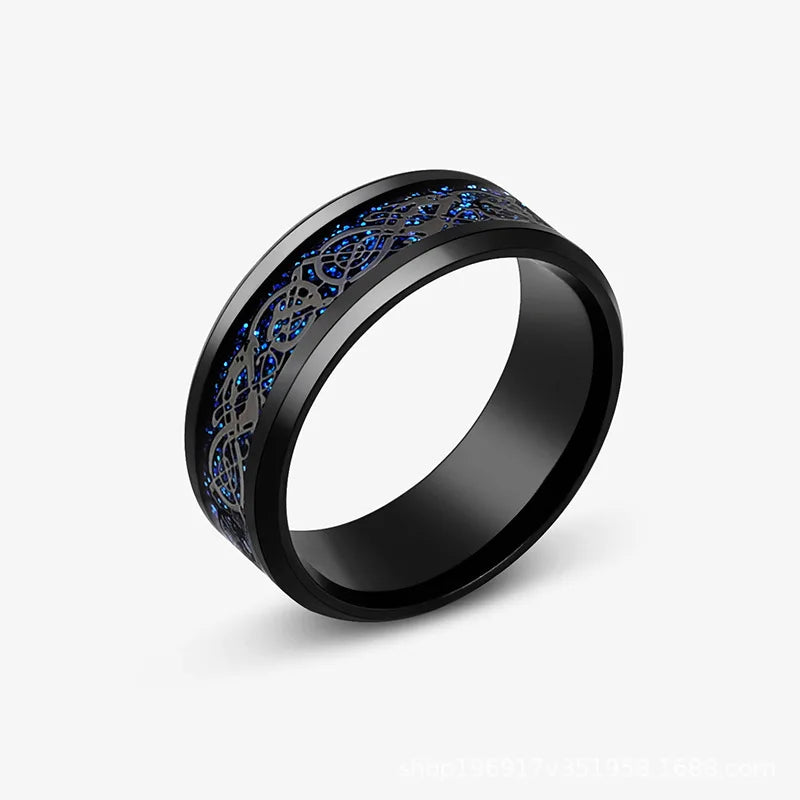 Viking Dragon Black Wedding Band Rings For Men Stainless Steel Inlaid Blue Carbon Fibre Punk Knuckle Ring Jewelry Bague Homme