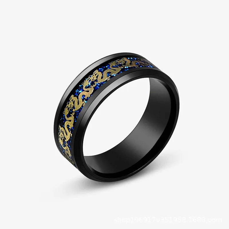 Viking Dragon Black Wedding Band Rings For Men Stainless Steel Inlaid Blue Carbon Fibre Punk Knuckle Ring Jewelry Bague Homme