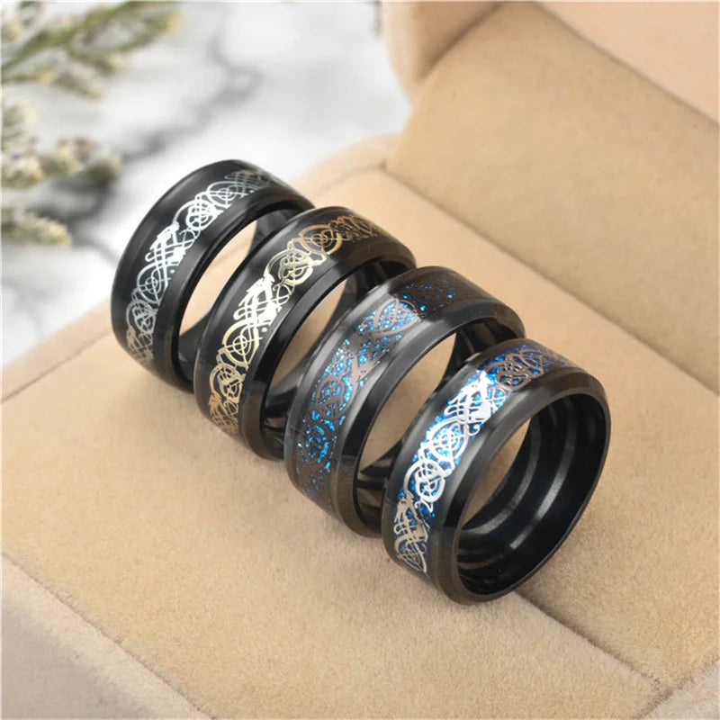 Viking Dragon Black Wedding Band Rings For Men Stainless Steel Inlaid Blue Carbon Fibre Punk Knuckle Ring Jewelry Bague Homme
