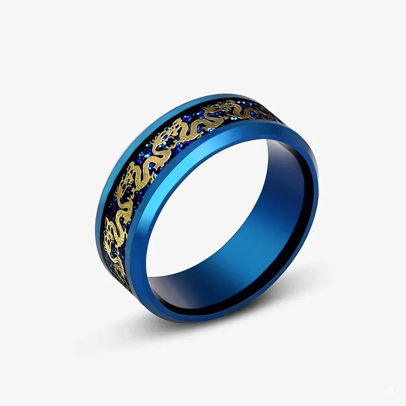 Viking Dragon Black Wedding Band Rings For Men Stainless Steel Inlaid Blue Carbon Fibre Punk Knuckle Ring Jewelry Bague Homme