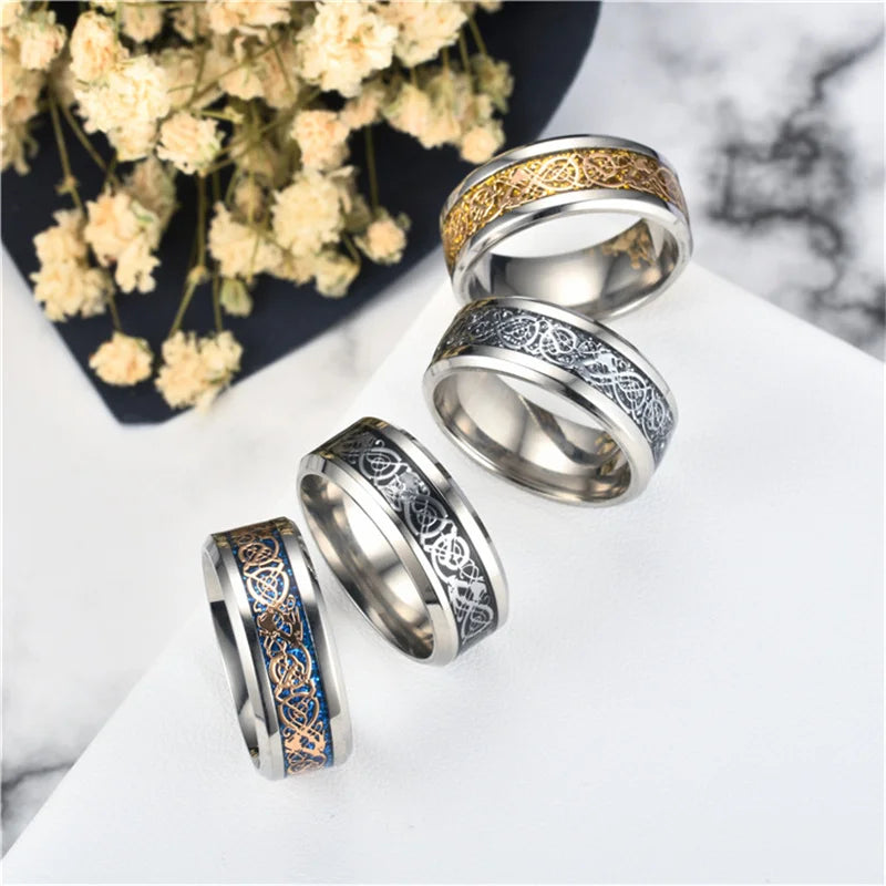 Viking Dragon Black Wedding Band Rings For Men Stainless Steel Inlaid Blue Carbon Fibre Punk Knuckle Ring Jewelry Bague Homme