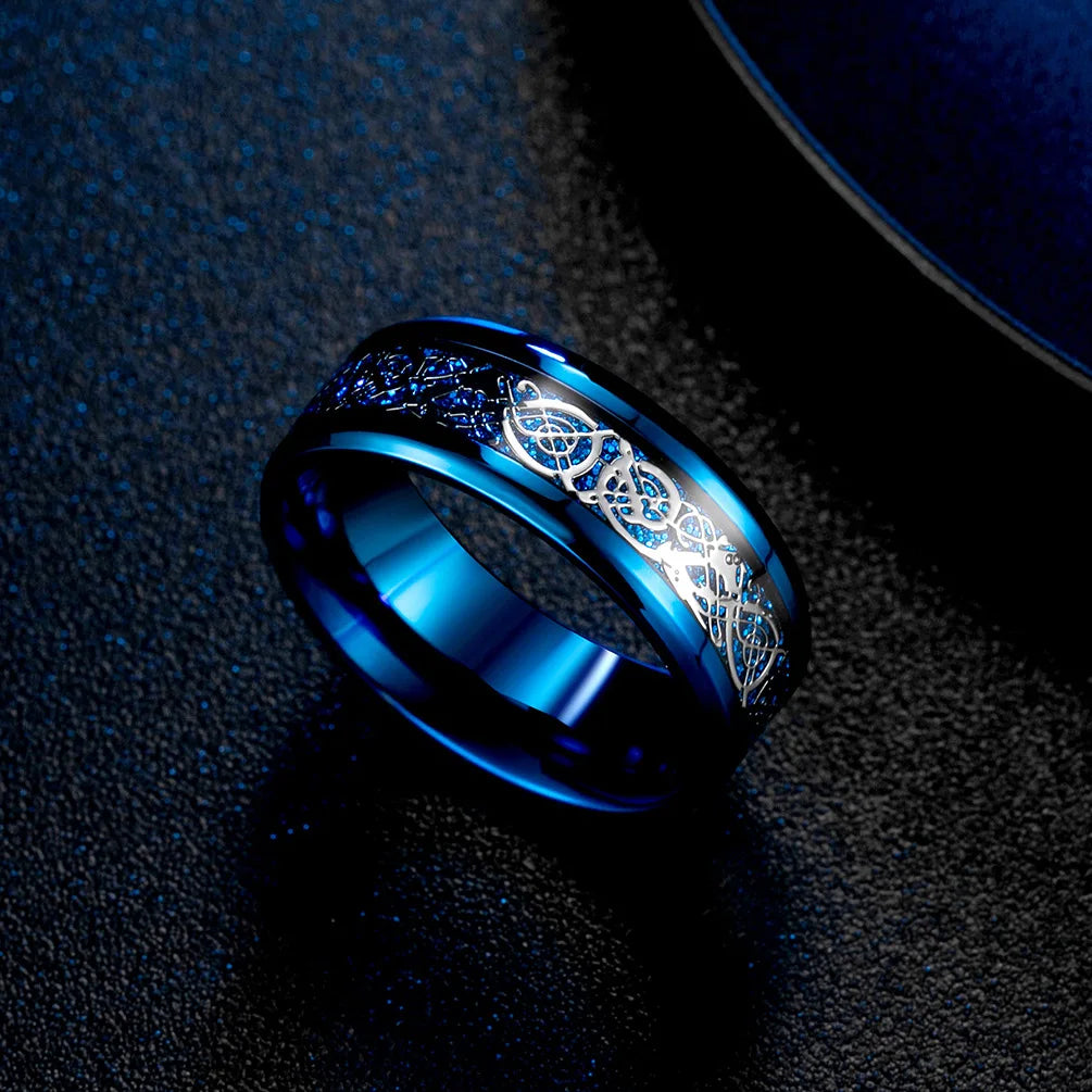 Viking Dragon Black Wedding Band Rings For Men Stainless Steel Inlaid Blue Carbon Fibre Punk Knuckle Ring Jewelry Bague Homme