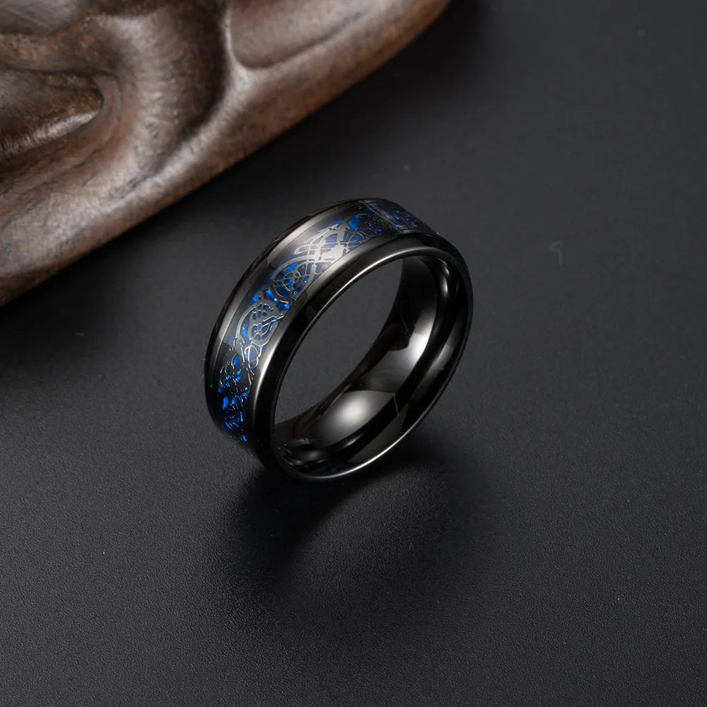 Viking Dragon Black Wedding Band Rings For Men Stainless Steel Inlaid Blue Carbon Fibre Punk Knuckle Ring Jewelry Bague Homme