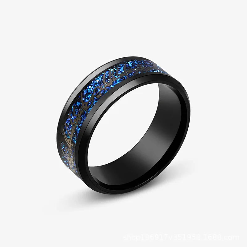 Viking Dragon Black Wedding Band Rings For Men Stainless Steel Inlaid Blue Carbon Fibre Punk Knuckle Ring Jewelry Bague Homme