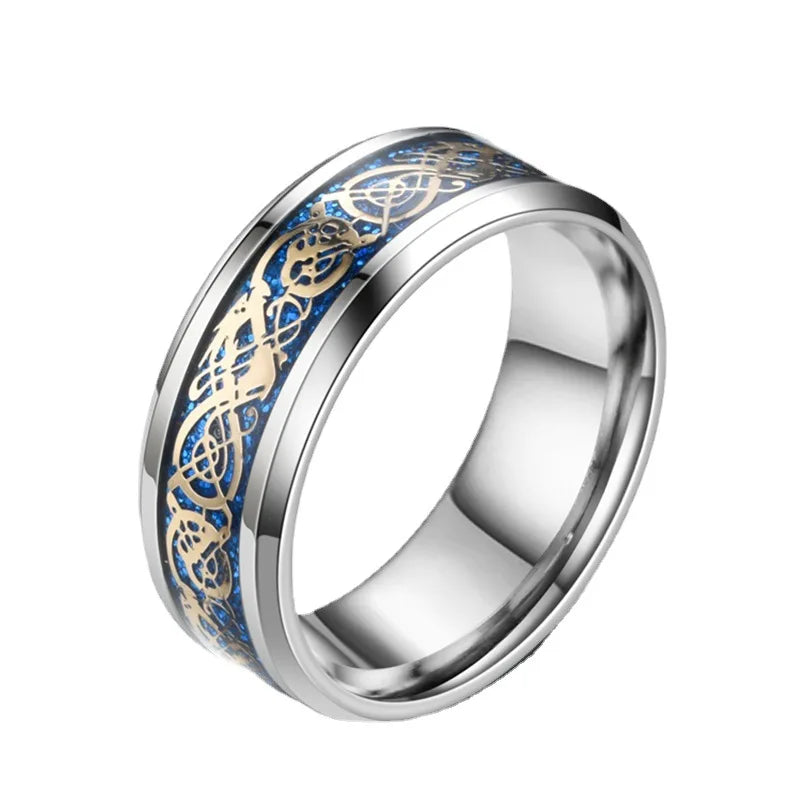 Viking Dragon Black Wedding Band Rings For Men Stainless Steel Inlaid Blue Carbon Fibre Punk Knuckle Ring Jewelry Bague Homme