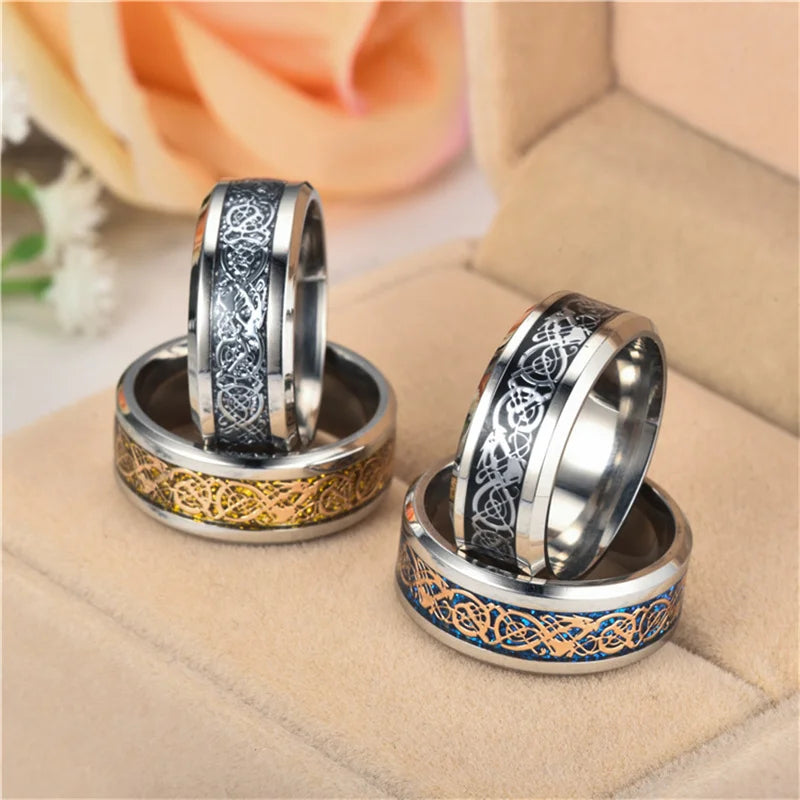 Viking Dragon Black Wedding Band Rings For Men Stainless Steel Inlaid Blue Carbon Fibre Punk Knuckle Ring Jewelry Bague Homme